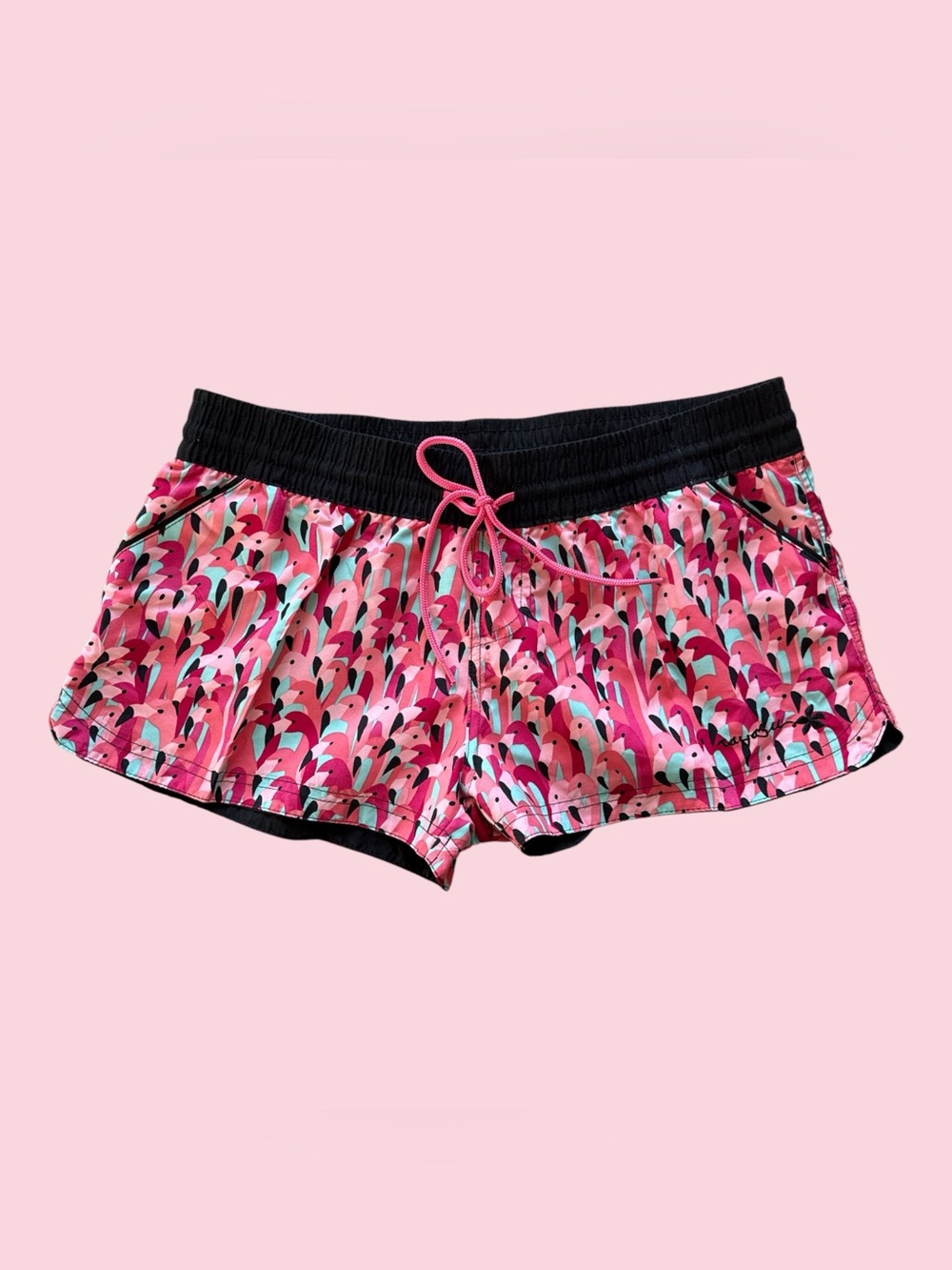 Raya Sun Swim Shorts Flamingos Print Pink Black Women’s L Polyester 2” Inseam